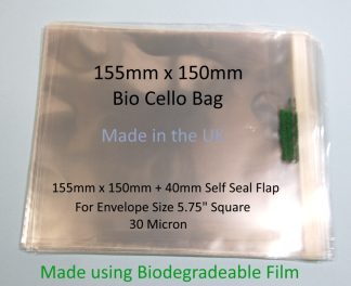 Pack of 100 - Biodegradable 155mm x 150mm + 30mm Self Seal Flap - Bio 5.75" x 5.75" - PLA Greeting Card Display Bags 30 Micron - Square Medium Cello