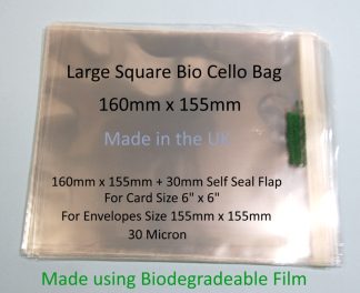 Pack of 100 - Biodegradable 160mm x 155mm + 30mm Self Seal Flap - Bio 6" x 6" - PLA Greeting Card Display Bags 30 Micron - Square Large Cello