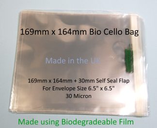 Pack of 100 - Biodegradable 169mm x 164mm + 30mm Self Seal Flap - Bio 6.5" x 6.5" - PLA Greeting Card Display Bags 30 Micron - Square Large Cello