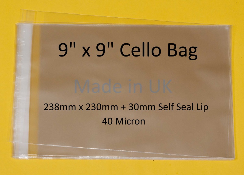 Pack of 100 - 9" x 9" - 238mm x 230mm+ 30mm Self Seal Flap - 9x9 Mounted Photograph Cellophane Display Bags 40 Micron - Medium Cello