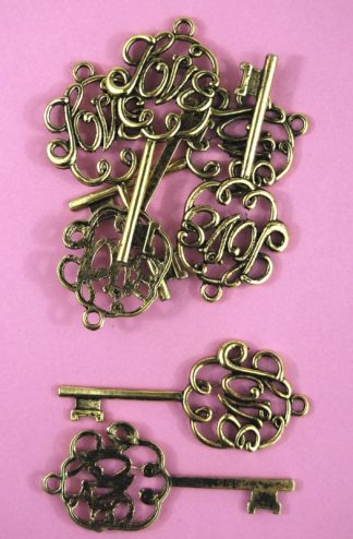 Pack of 10 - Antique Golden Love Keys - Metal Charms Steampunk