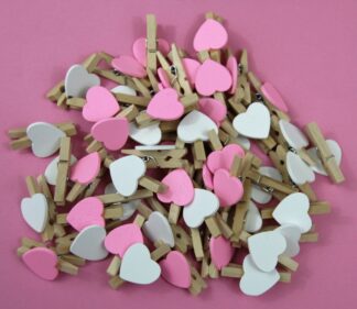 Pack of 100 - 30mm Pink & White Mixed Love Heart Mini Wooden Natural Pegs