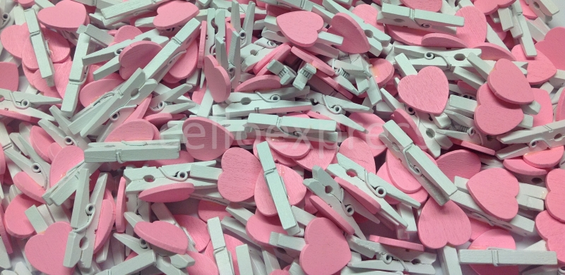 Pack of 250 - 30mm Pink Love Heart Mini White Wooden Pegs