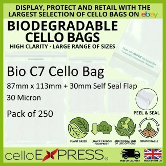 Pack of 250 - Biodegradable C7 - 87mm x 113mm + 30mm Self Seal Flap - PLA Greeting Card Display Bags 30 Micron - Small Cello