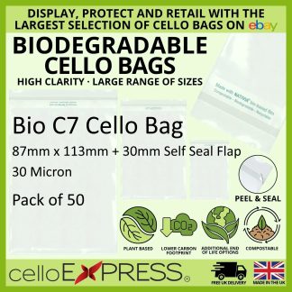 Pack of 50 - Biodegradable C7 - 87mm x 113mm + 30mm Self Seal Flap - PLA Greeting Card Display Bags 30 Micron - Small Cello
