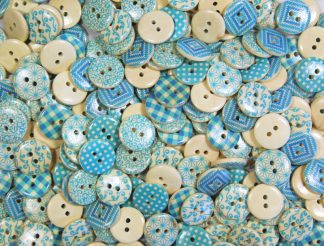 Printed Wooden Buttons - 15mm Blue Multi Patterned