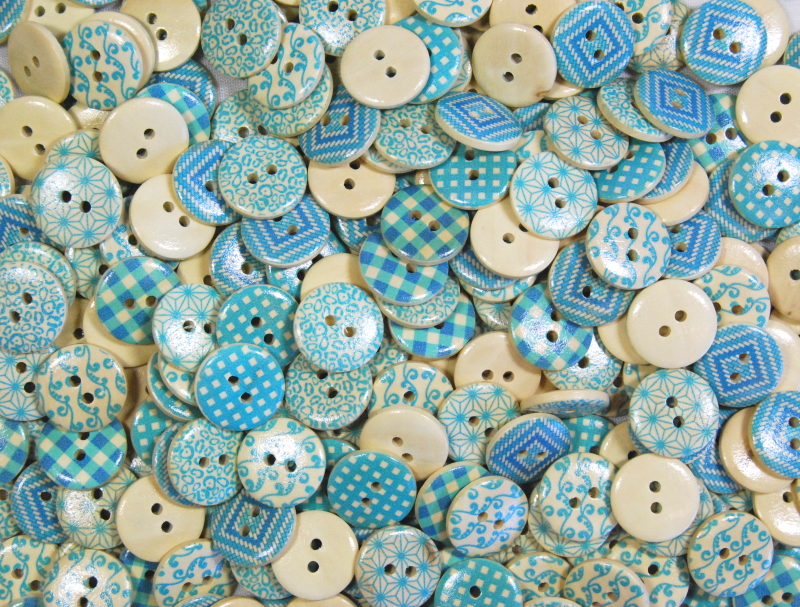 Printed Wooden Buttons - 15mm Blue Multi Patterned