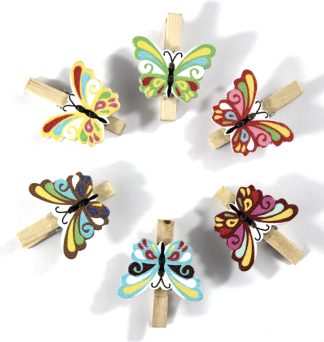 Pack of 100 - 30mm Mini Wooden Natural Pegs With Colour Butterflies