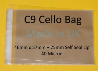 Pack of 100 - C9 Cello - 46mm x 57mm + 25mm Self Seal Flap - Cellophane Greetings Card Display Bags 40 micron - Tiny Cello