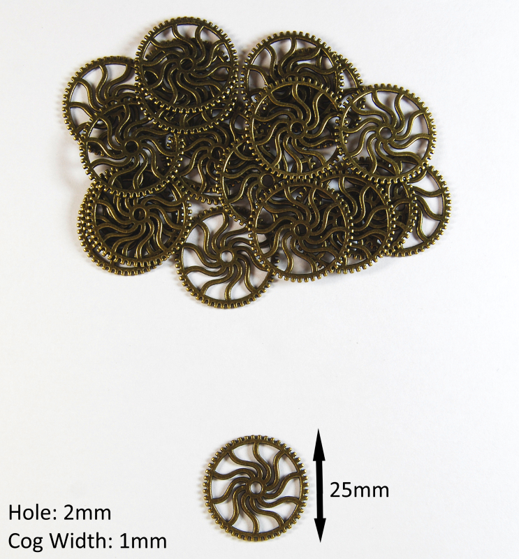 Pack of 25 - 25x1x2mm Antique Bronze Steampunk Cogs