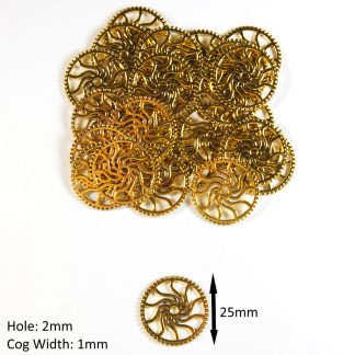 Pack of 10 - 25x1x2mm Antique Golden Steampunk Cogs