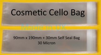 Pack of 100 - Cosmetic - 90mm x 190mm + 30mm Self Seal Flap - Cellophane Display Bags 30 Micron - Medium Cello