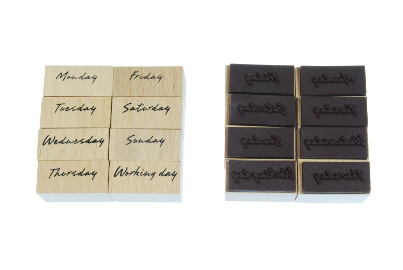 Set of 8 - Wooden Mounted Ink Stamper - Days of the Week Set - 3cm x 1.5cm Per Piece