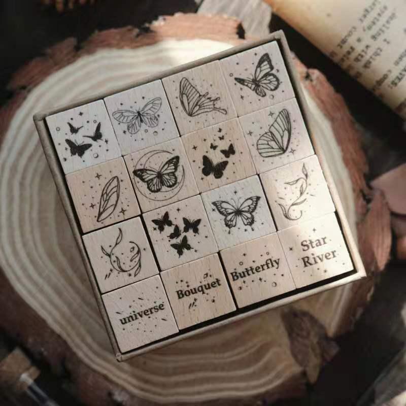 Set of 16 - Wooden Mounted Ink Stamper - Sixpence and Moon Set - 2cm x 2cm Per Piece