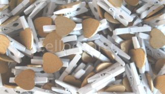 Pack of 100 - 30mm Gold Love Heart Mini White Wooden Pegs