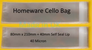 Pack of 100 - Homeware Cello - 80mm x 210mm + 40mm Flap - Cellophane Display Bags 40 Micron Self Seal - Small Cello
