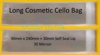 Pack of 100 - Long Cosmetic - 90mm x 240mm + 30mm Self Seal Flap - Cellophane Display Bags 30 Micron - Medium Cello