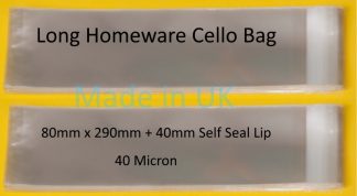 Pack of 100 - Long Homeware Cello - 80mm x 290mm + 40mm Flap - Cellophane Display Bags 40 Micron Self Seal - Medium Cello