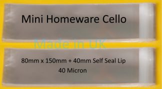 Pack of 100 - Mini Homeware Cello - 80mm x 150mm + 40mm Flap - Cellophane Display Bags 40 Micron Self Seal - Small Cello