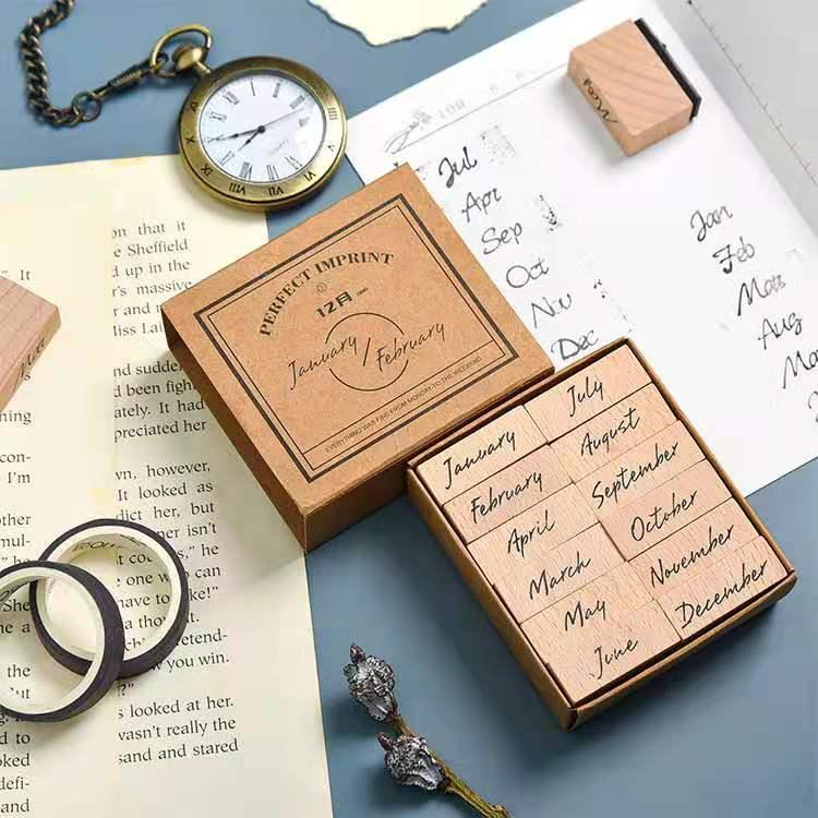 Set of 12 - Wooden Mounted Ink Stamper - 12 Months Set - 3cm x 1cm Per Piece