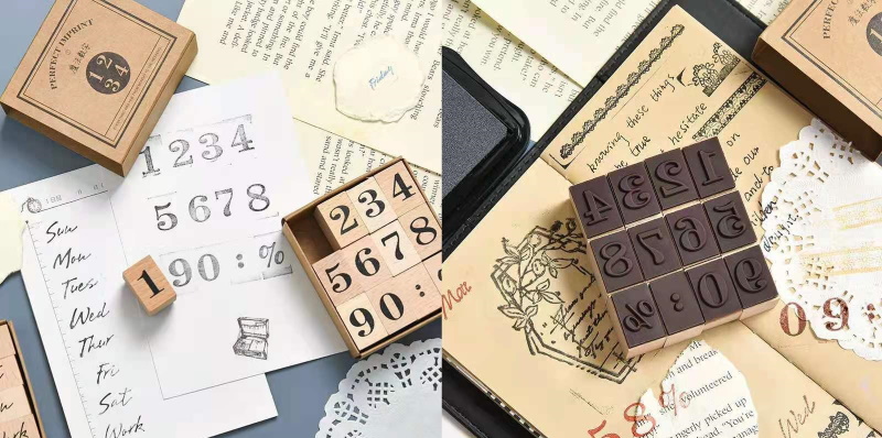 Set of 12 - Wooden Mounted Ink Stamper - Numbers Set - 2cm x 1.5cm Per Piece - Various Designs and Sizes