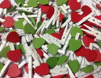 30mm Green and Red Hearts Mix on White Pegs - Mini Wooden Pegs
