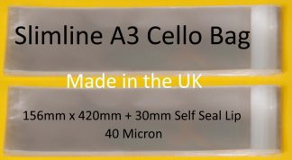 Pack of 500 - Slimline A3 Cello - 156mm x 420mm + 30mm Self Seal Flap - Cellophane Artist Size Display Bags 40 Micron - Large Cello