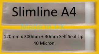 Pack of 500 - Slimline A4 Cello - 120mm x 300mm + 30mm Self Seal Flap - Cellophane Artist Size Display Bags - Large Cello