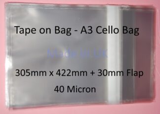 Pack of 100 - Tape on Bag A3 Cello - 305mm x 420mm + 30mm Self Seal Flap - Cellophane Artist Size Cello Display Bags 40 Micron
