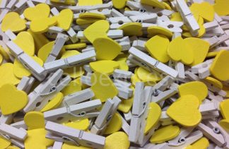 Pack of 100 - 30mm Yellow Love Heart Mini White Wooden Pegs