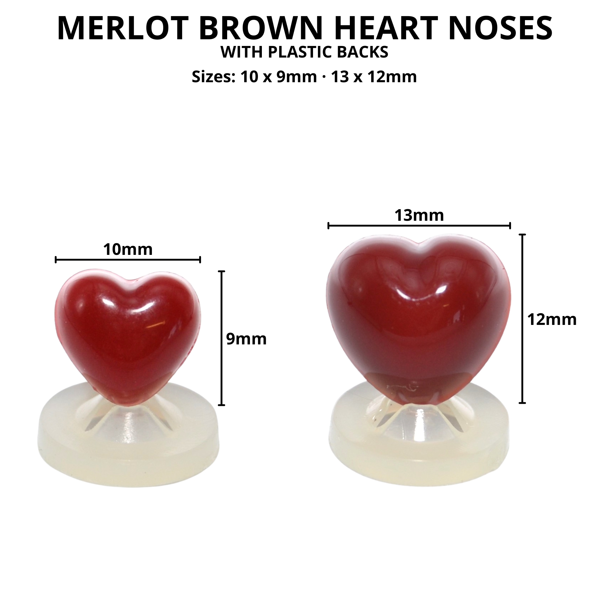 10mm x 9mm Merlot Brown Heart Noses with Plastic Backs - Image 2