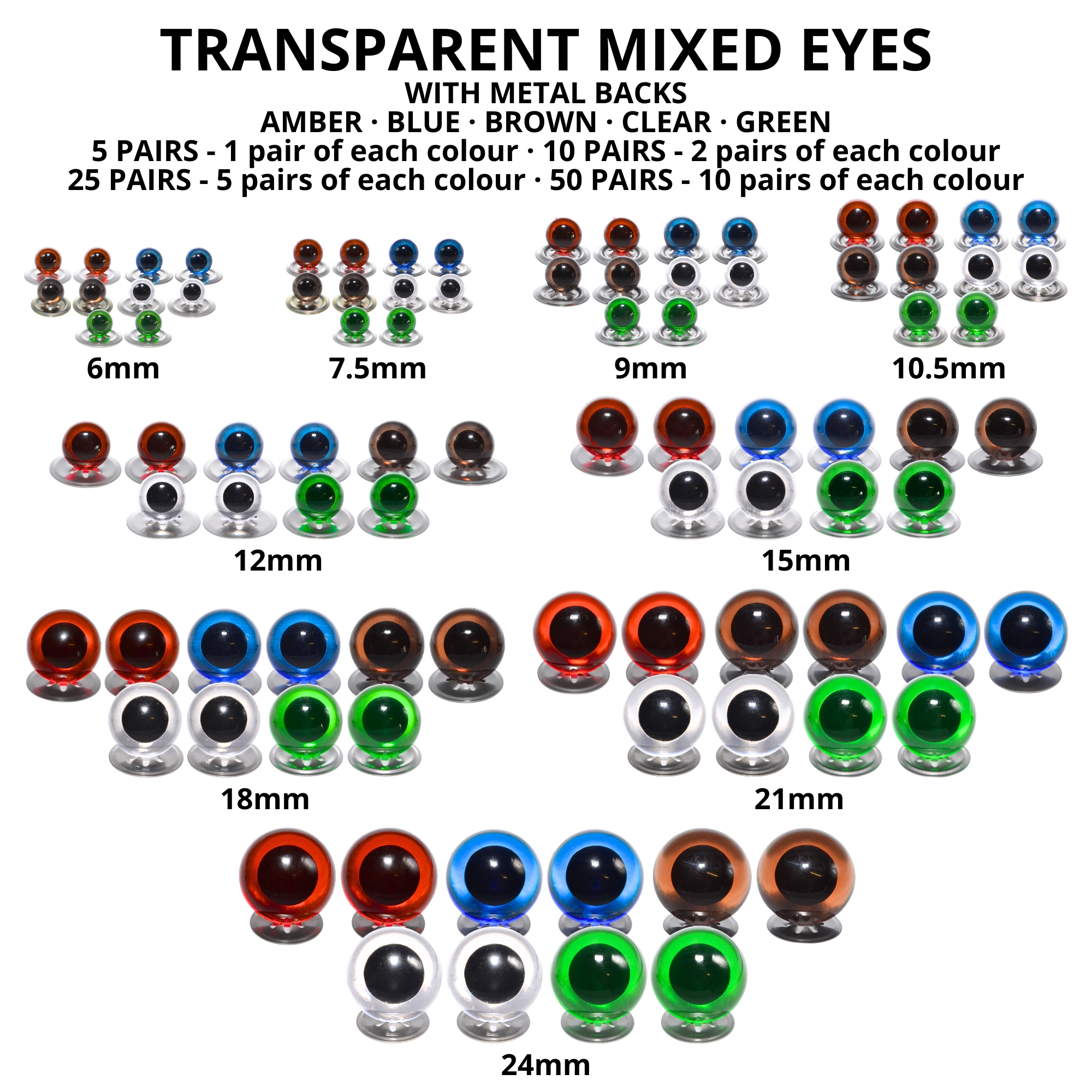 18mm Transparent Mixed Crystal Eyes with Metal Backs - Image 3