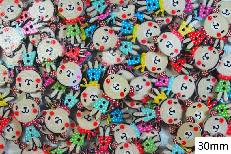 Childrens Character Printed Wooden Buttons (Teddy Bear Type 1 - 30mm x 15mm)