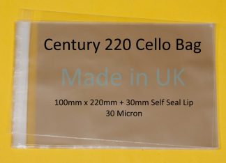 Pack of 100 - Century 220 - 100mm x 220mm + 30mm Self Seal Flap - Cellophane Display Bags 30 Micron - Medium Cello