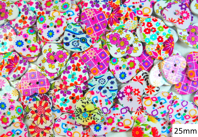 Wooden Printed Buttons (Hearts Type 1, 25mm)