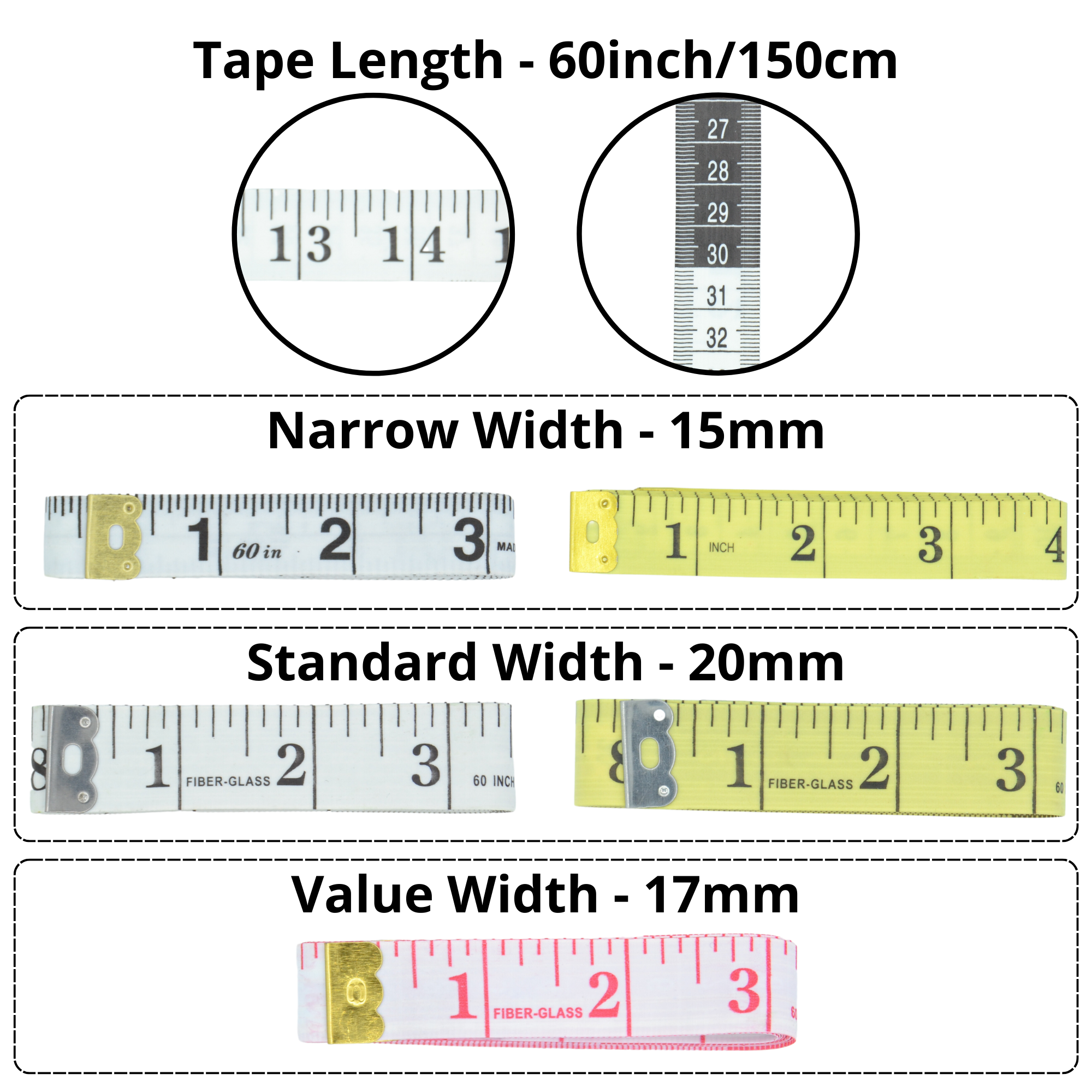 Narrow (White w/Black) - 60inch/150cm - Tape Measures - Image 2