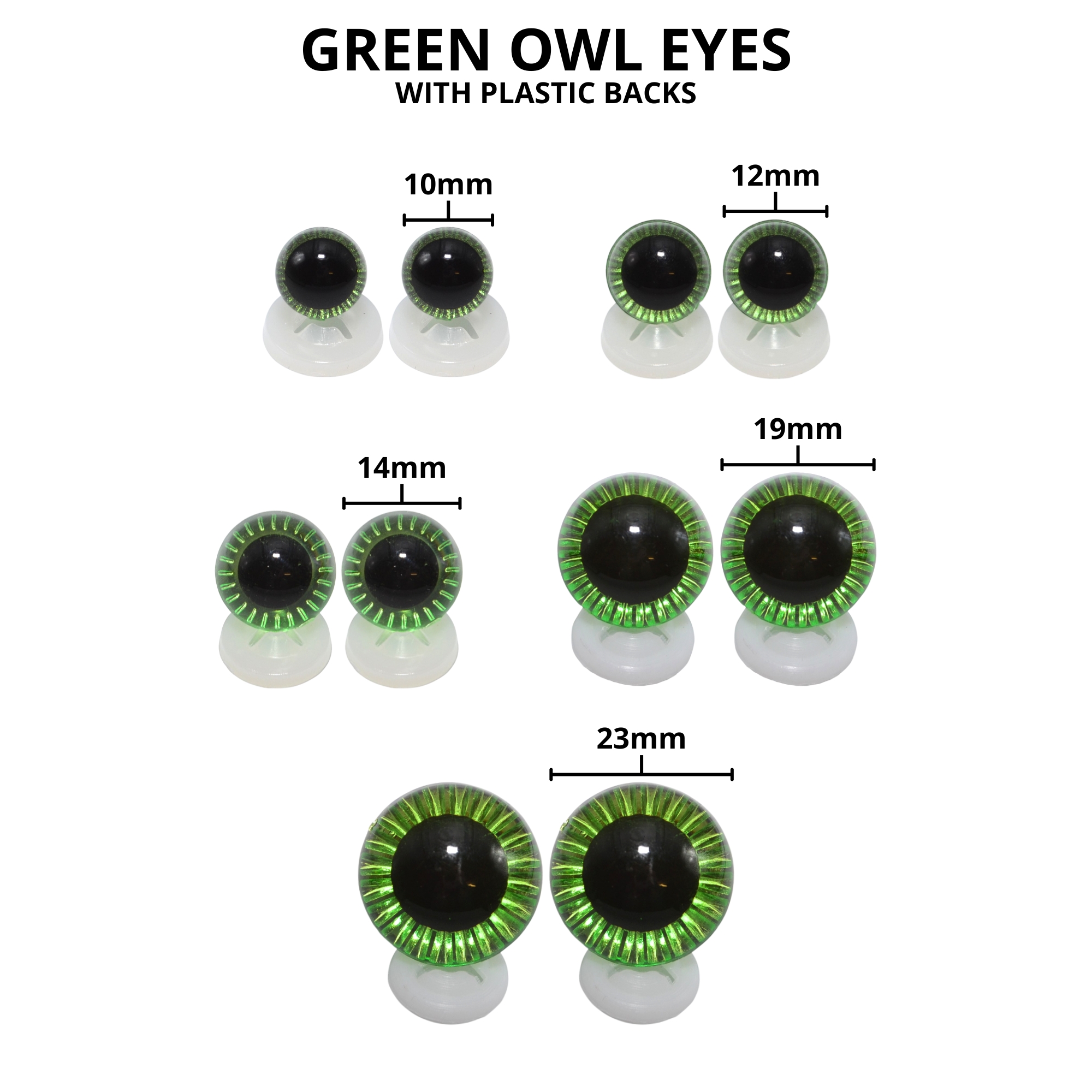 14mm Green Owl Eyes with Plastic Backs - Image 3