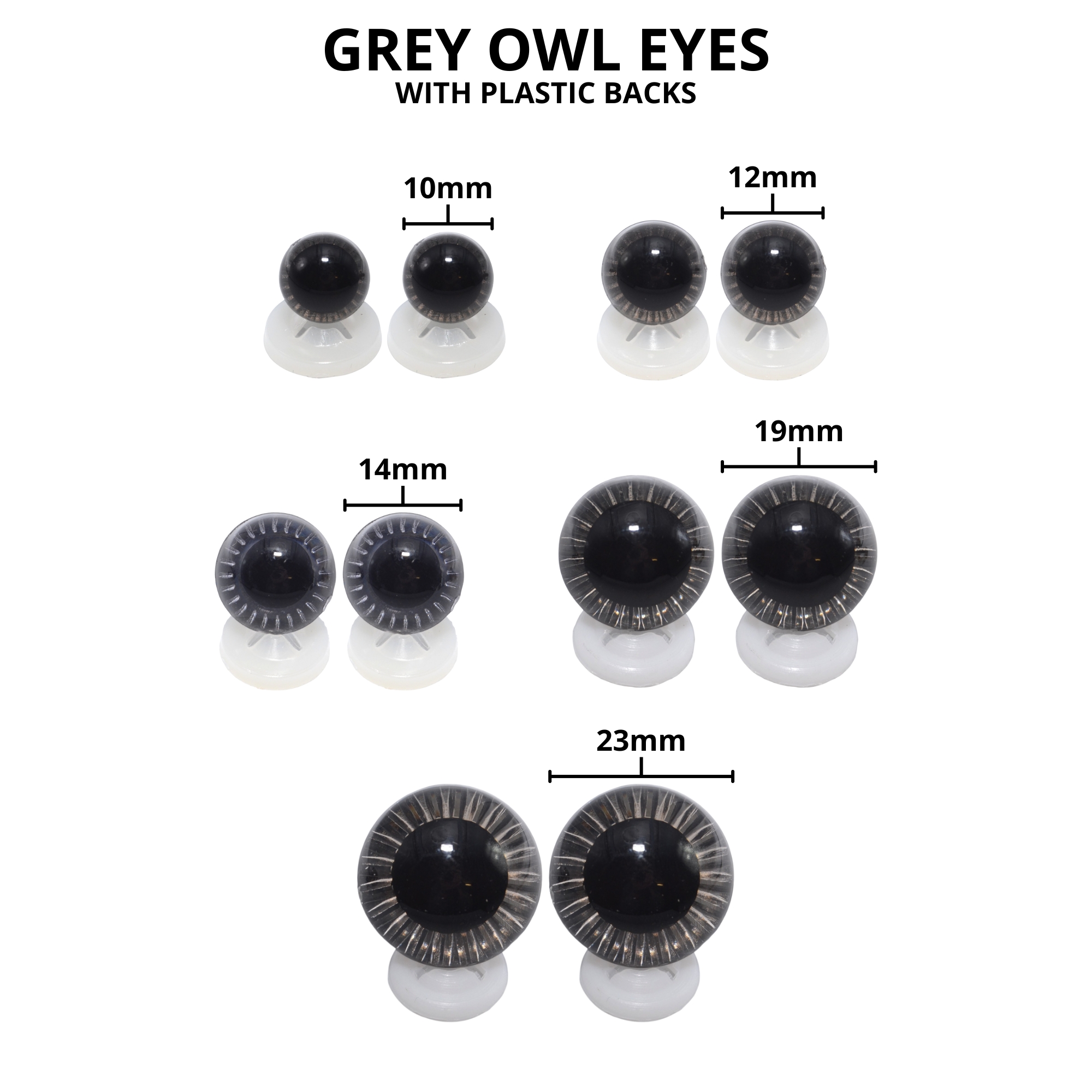 14mm Grey Owl Eyes with Plastic Backs - Image 3