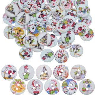 15mm Christmas 25 Christmas Mix - Printed Wooden Round Buttons