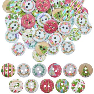15mm Christmas 30 Christmas Mix - Printed Wooden Round Buttons
