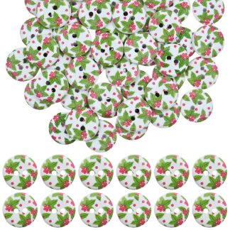 15mm Christmas 15 Christmas Holly - Printed Wooden Round Buttons