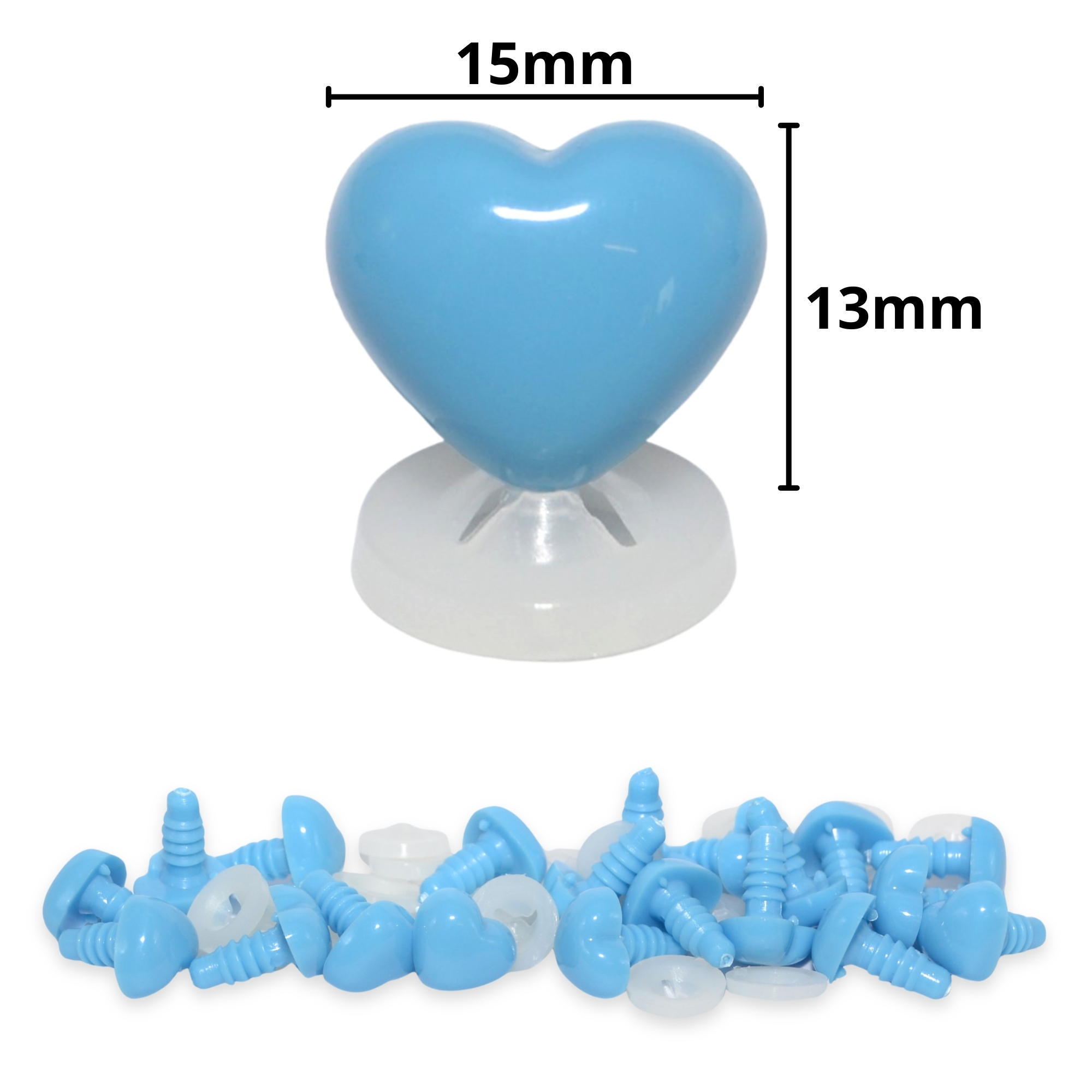15mm x 13mm Deep Sky Blue Heart Noses with Plastic Backs