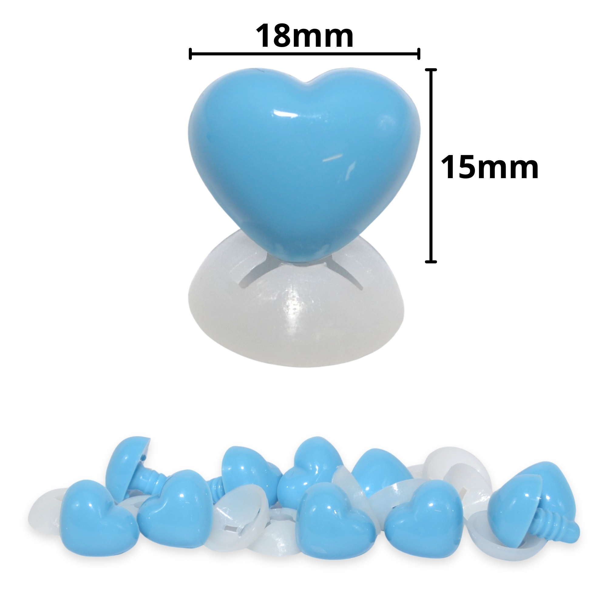 18mm x 15mm Deep Sky Blue Heart Noses with Plastic Backs