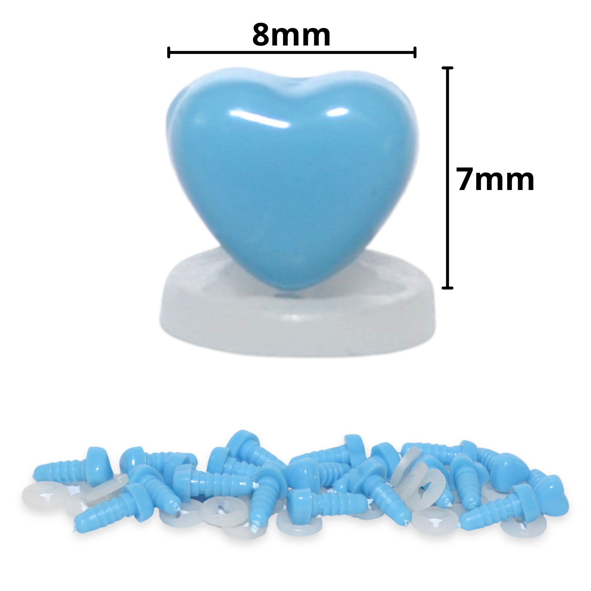 8mm x 7mm Deep Sky Blue Heart Noses with Plastic Backs