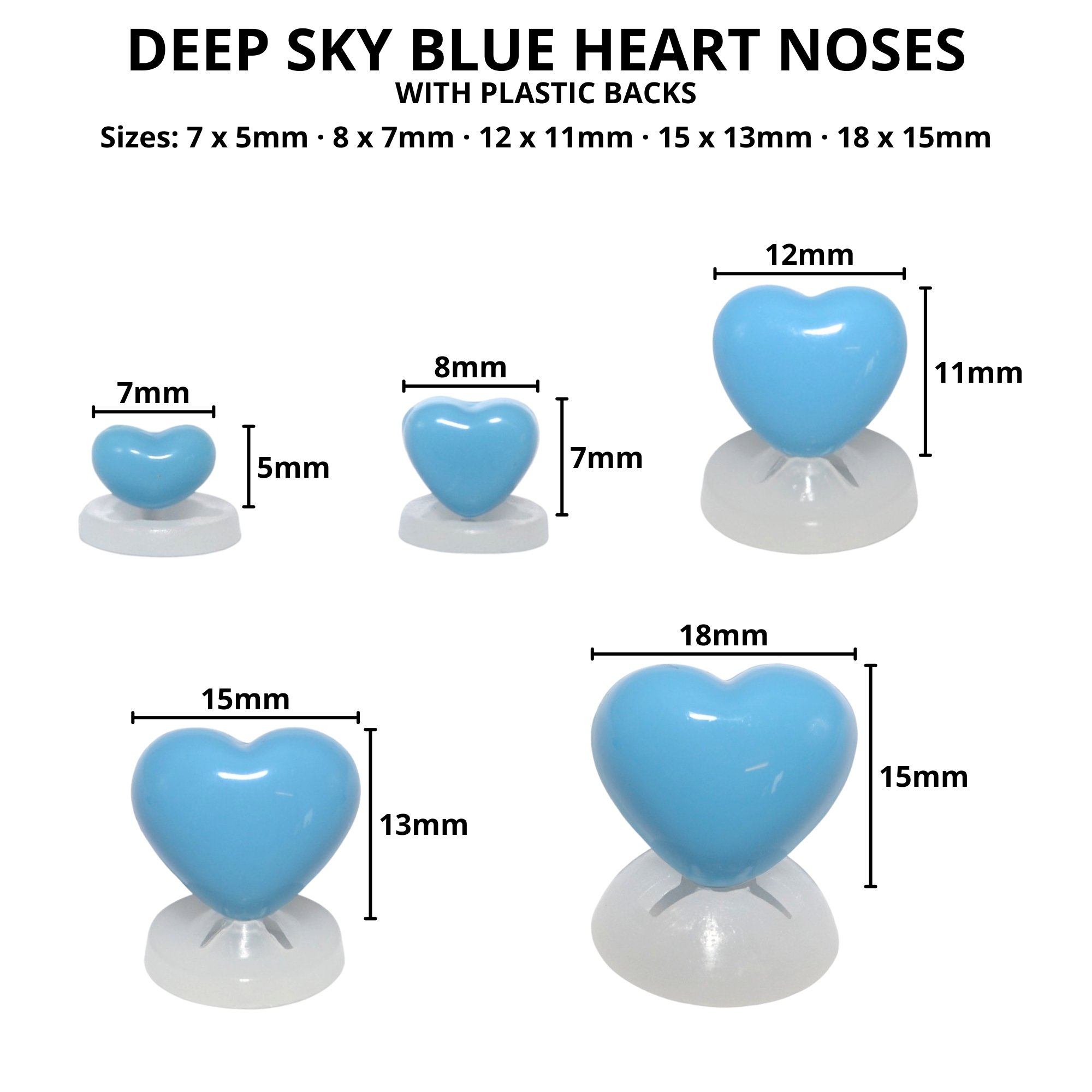 18mm x 15mm Deep Sky Blue Heart Noses with Plastic Backs - Image 2