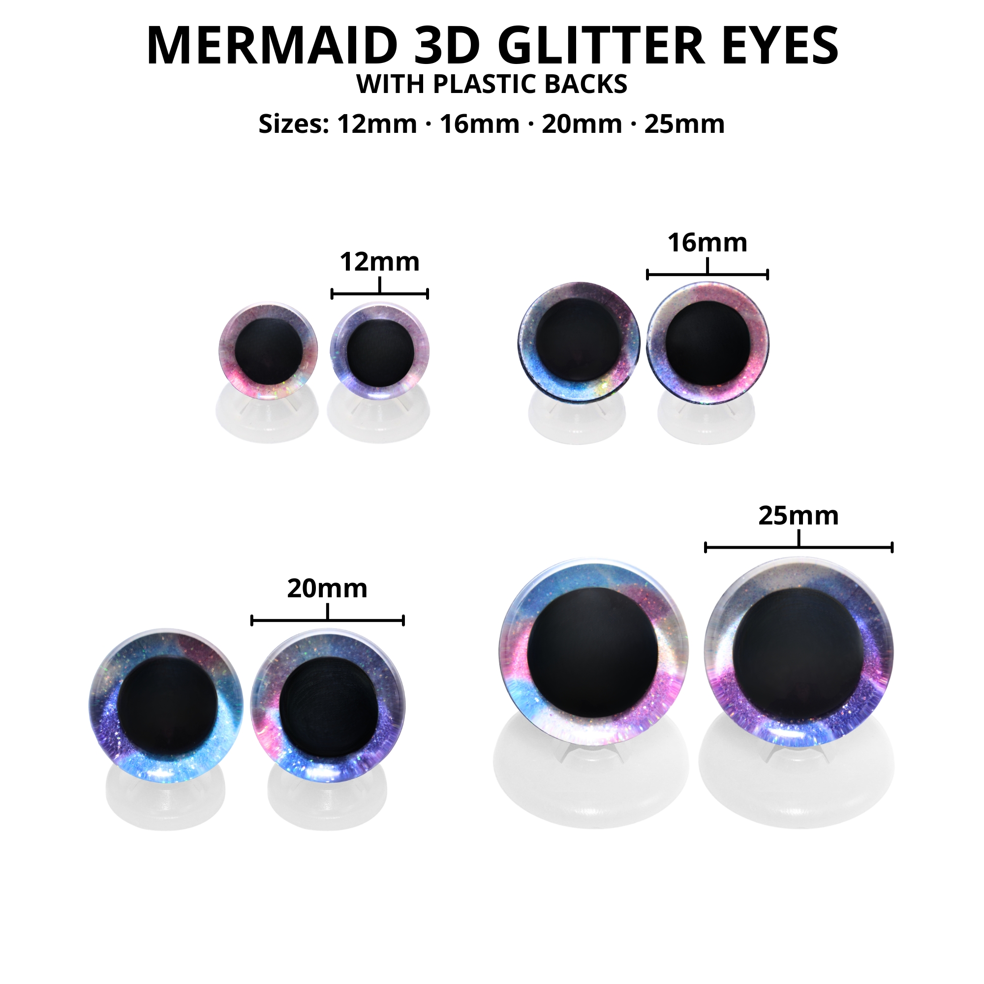 25mm Mermaid 2 Tone 3D Glitter Eyes with Plastic Backs - Image 3