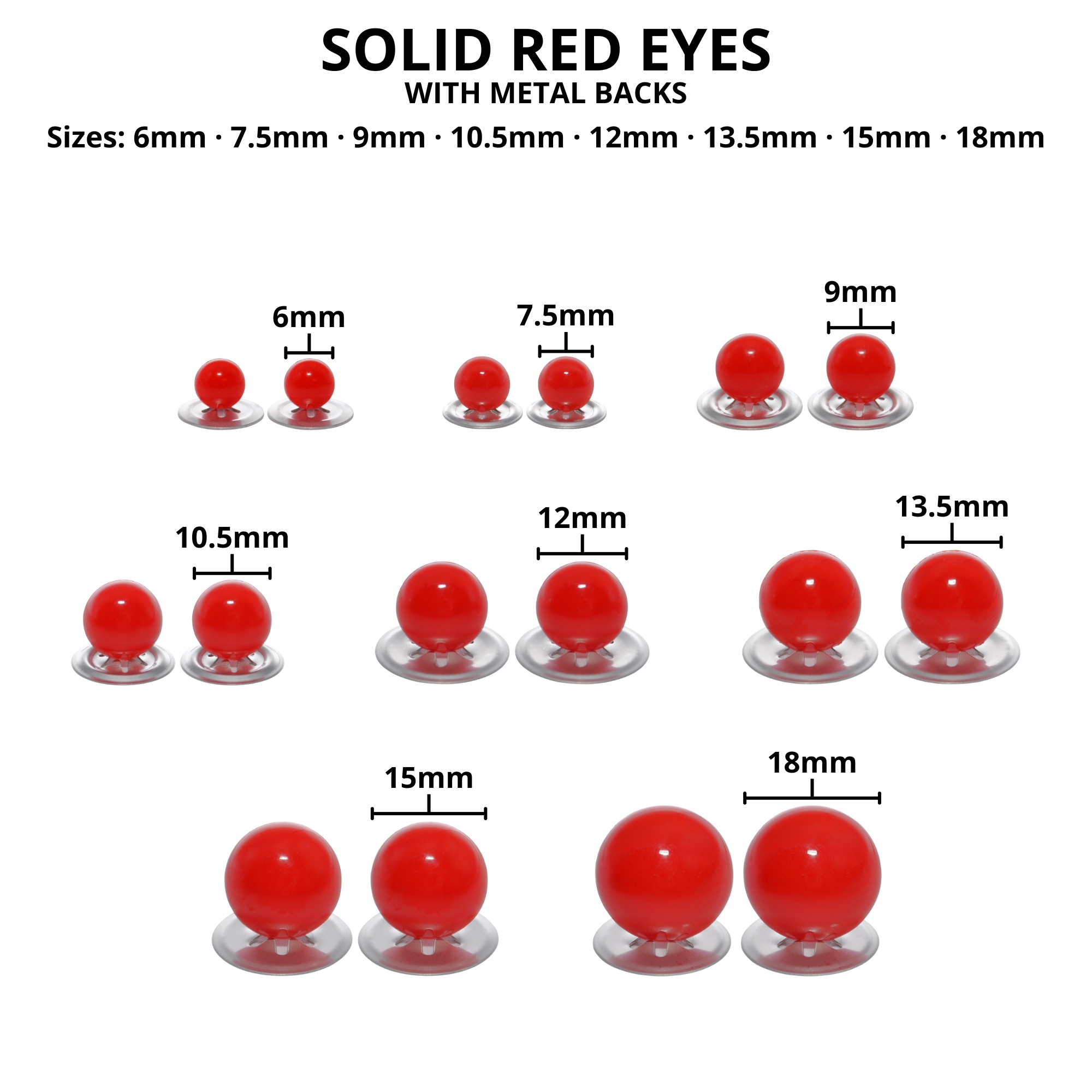 10.5mm Solid Red Eyes with Metal Backs - Image 3