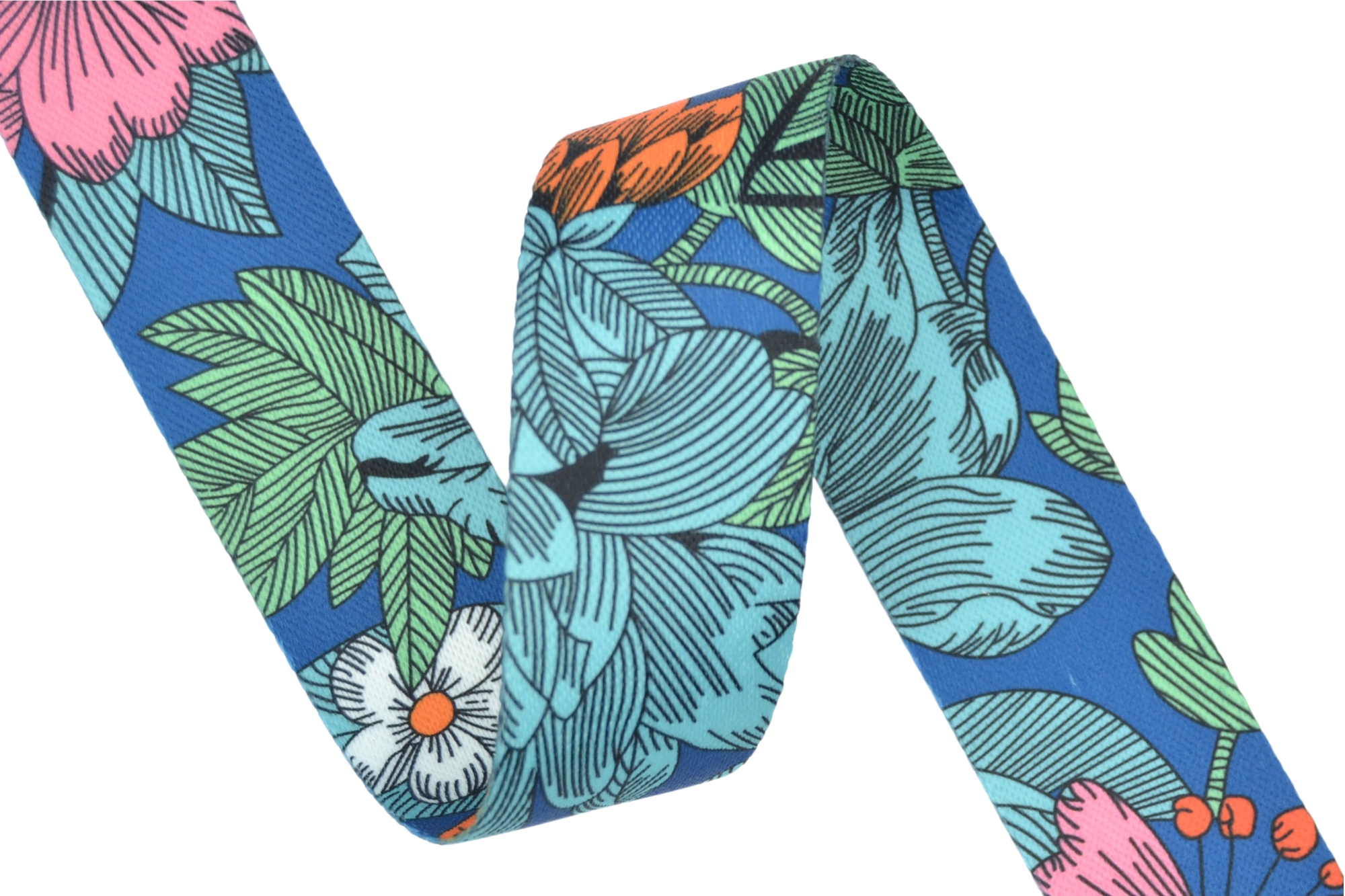 Blue Flower Shiny Patterned Polyester Webbing - 38mm Width