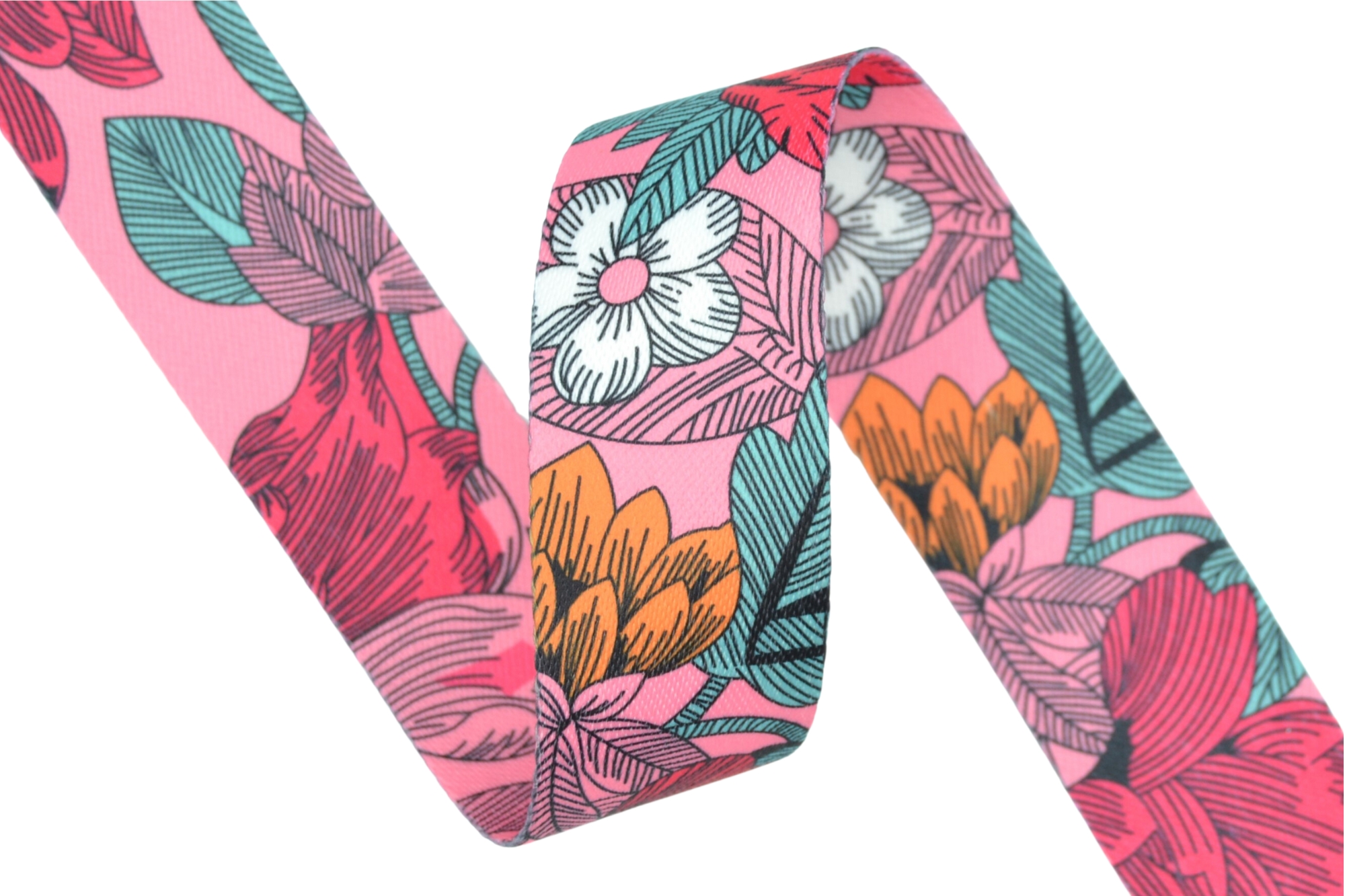 Pink Flower Shiny Patterned Polyester Webbing - 38mm Width