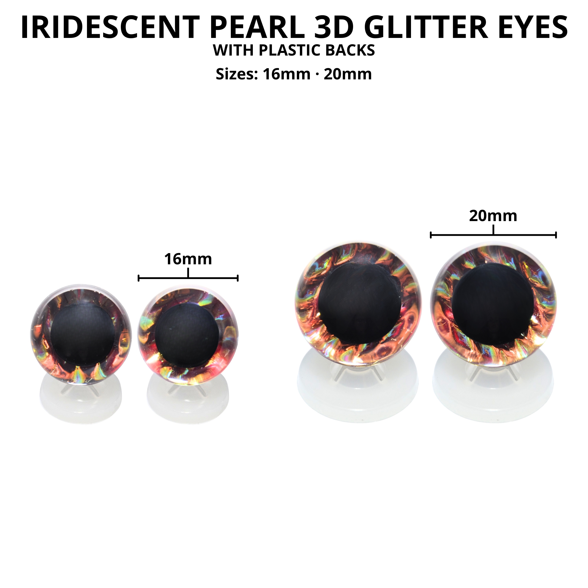 20mm Iridescent Pearl 2 Tone 3D Glitter Eyes with Plastic Backs - Image 3